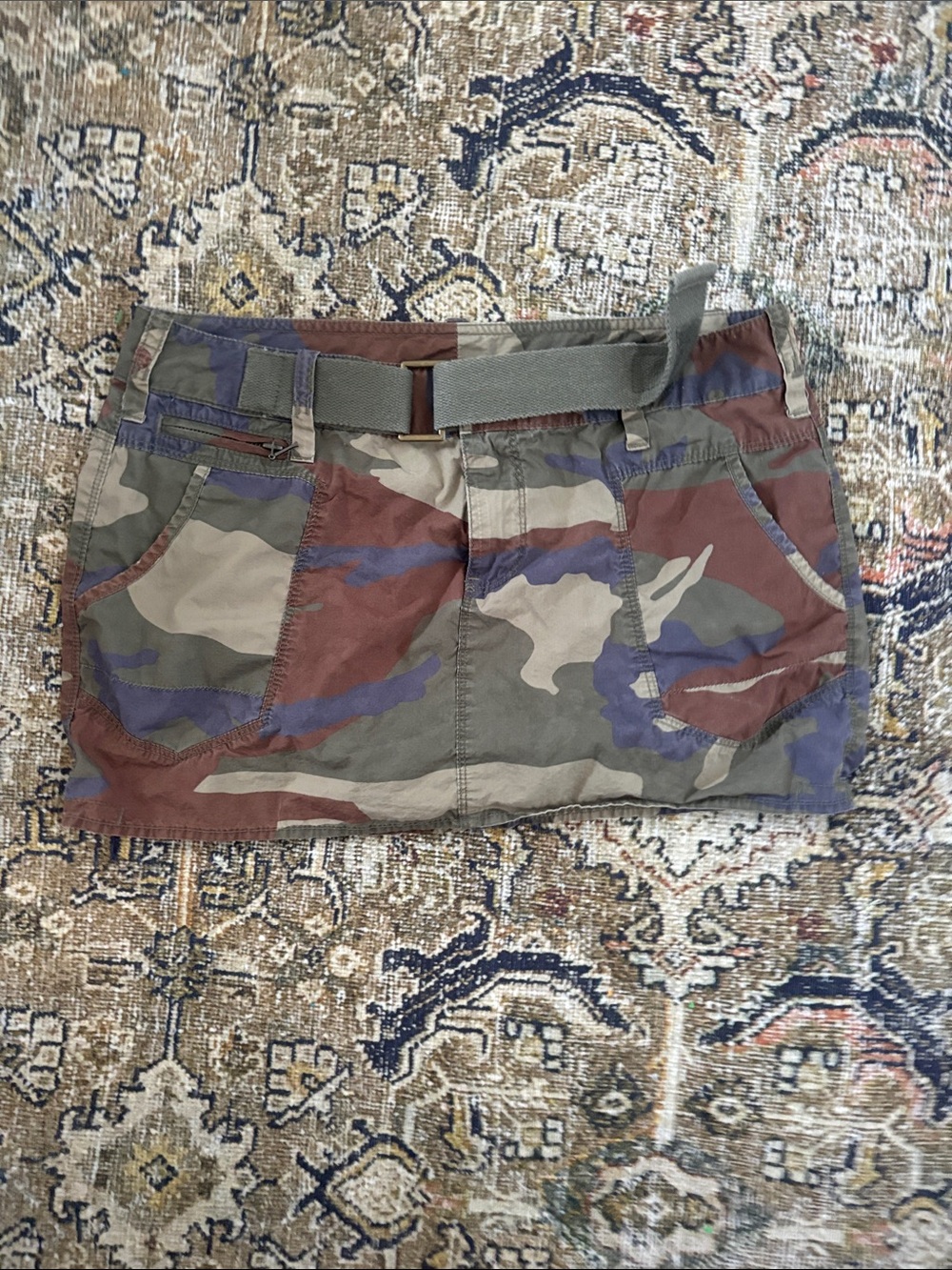 LONDONJEAN Camouflage Mini Skirt with Utility Belt in Green and Brown